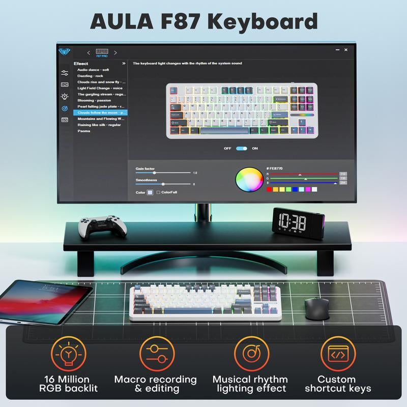 AULA F87 Wireless Keyboard, Halloween Gift,Mechanical Keyboard Hot Swappable Custom Keyboard, 2.4Ghz/Type-C/Bluetooth Gaming Keyboards, Gasket Structure Linear Greywood Switches RGB Backlit Keyboard for Wins/Pc/Mac