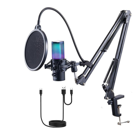 VEVOR USB Microphone, 192 Khz/24-Bit, Professional Condenser Microphone Kit with Boom Arm Stand Pop Filter Shock Mount, 11 RGB Lighting Effects Mute Button Headphones Jack for Recording Gaming Singing VEVOR Super Brand Day