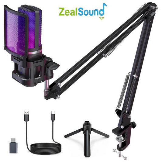 Zealsound Gaming USB Microphone, Noise Cancellation Condenser Mic, RGB Microphone with Mute, Gain, Monitoring, Boom Arm, Pop Filter for Phone, PC, Computer, PS4, PS5, Mac, Streaming, Podcast