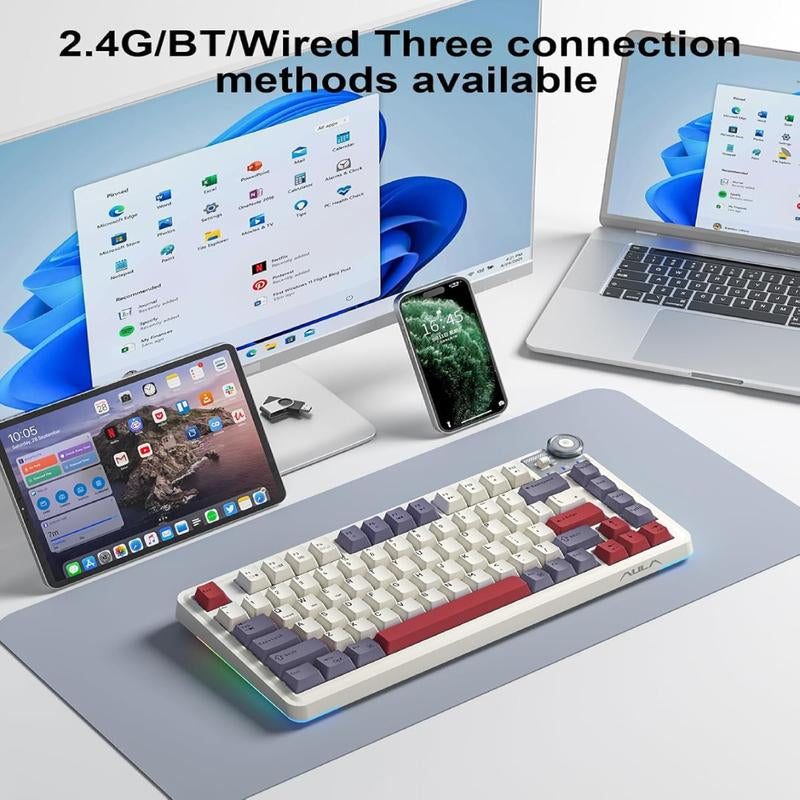 Aula F75 Keys Keyboard, Hot Swappable Custom Mechanical Gaming Keyboard, Tri-Mode Bt5.0/2.4Ghz/Usb-C Creamy Keyboard with RGB Backlit PBT Keycap Functional Knob for Win Mac PC Gamer Halloween Gift