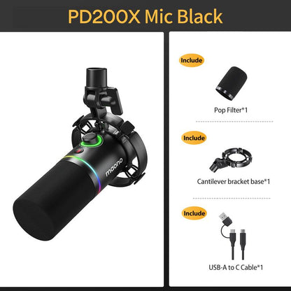 Maono PD200X Dynamic RGB Gaming Microphone with USB & XLR Cable Connectivity, Mute Button, Noise Reduction, Zero Latency, Widely Compatible with Computers, PC, Mac, Android /Ios Smartphone, Audio Mixer, Friendly for Singing, Gaming, Podcasting, Recording.