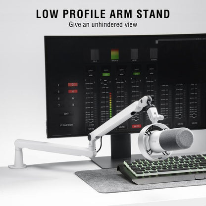 FIFINE Low Profile Podcast Microphone Stand, BM88 Gaming Mic Boom Arm with Desk Mount, Cable Channels Management, Adjustable Metal Boom Arm White for Recording/Streaming/Gaming/Home Office