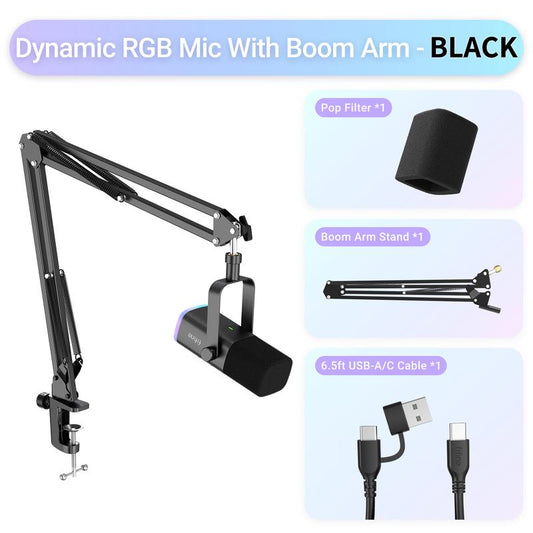 FIFINE AM8T XLR/USB Gaming Microphone with Boom Arm Stand, Dynamic PC Mic for Streaming Podcasting, Computer RGB Mic Kit, Mute Button, Headphones Jack, for Recording Vocal Voice-Over Audio, for Smartphone