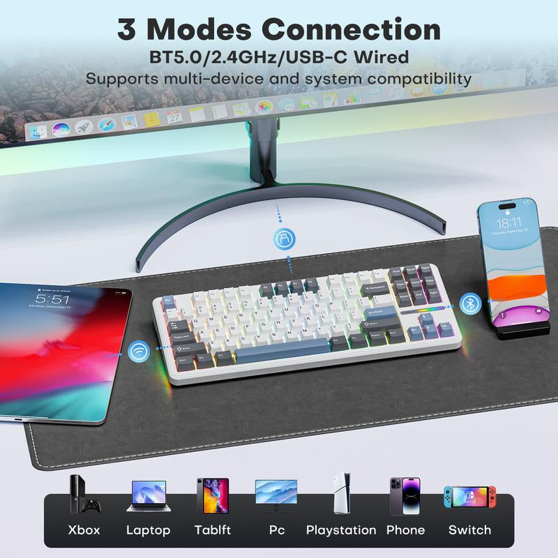 AULA F87 Wireless Keyboard, Halloween Gift,Mechanical Keyboard Hot Swappable Custom Keyboard, 2.4Ghz/Type-C/Bluetooth Gaming Keyboards, Gasket Structure Linear Greywood Switches RGB Backlit Keyboard for Wins/Pc/Mac