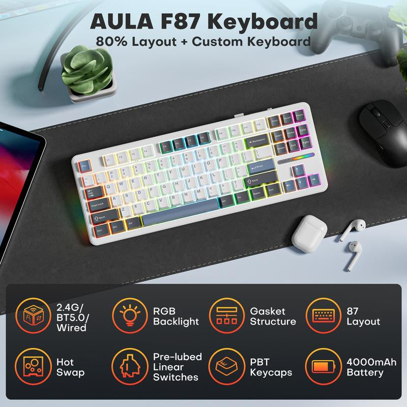 AULA F87 Wireless Keyboard, Halloween Gift,Mechanical Keyboard Hot Swappable Custom Keyboard, 2.4Ghz/Type-C/Bluetooth Gaming Keyboards, Gasket Structure Linear Greywood Switches RGB Backlit Keyboard for Wins/Pc/Mac