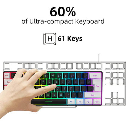 Snpurdiri 60% Wired Gaming Keyboard, 61 Keys RGB Backlit Wrist Rest Ultra-Compact Mini Waterproof Keyboard for PC Computer Gamer (White)