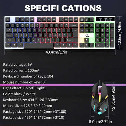 RGB Gaming Keyboard and Mouse Combo, Wired Mechanical Feel LED Backlit Keyboard,104 Keys USB Ergonomic Wrist Rest Keyboard, Compact Wired Keyboard