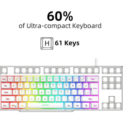 Snpurdiri 60% Wired Gaming Keyboard, 61 Keys RGB Backlit Wrist Rest Ultra-Compact Mini Waterproof Keyboard for PC Computer Gamer (White)